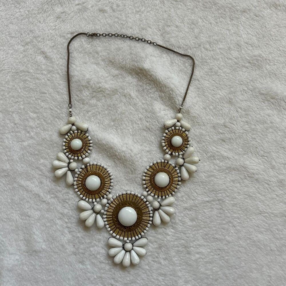 ZAD bib Statement Necklace White Glass Beads Goldtone Bohemian tribal Festival